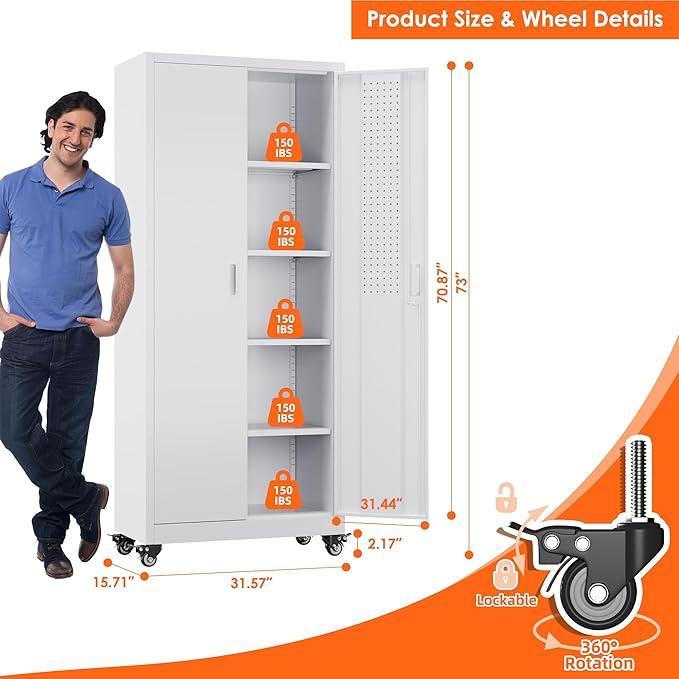 73 Inches Metal Storage Cabinet on Wheels,Garage Storage Cabinet with Wheels and 4 Adjustable Shelves,Rolling Cabinets for Garage,Office,Warehouse,Assemble Required(White)