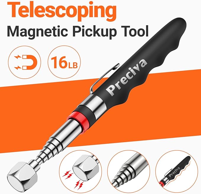 Preciva Telescoping Magnetic Pickup Tool Set - with 16 lb Pick Up Sticks, Telescoping Flexible LED Flashlight, Flexible Magnet Pick Up Sweeper - Fathers Day Christmas Day Gifts for Men
