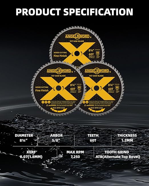 ANGELSWORD 8-1/4 Inch Table Saw Blade/Circular Saw Blade for Fine Finish Wood Cutting, 60T, 3 Pack