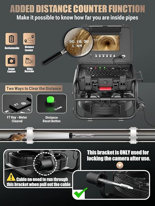 Anysun Sewer Inspection Camera Self-Leveling 512Hz Sonde Meter Counter, Built-in Microphone & Speaker, 1080P 9" IPS Monitor, IP68 Waterproof Endoscope Camera with DVR, 230Ft Harder Cable(16GB TF Card)