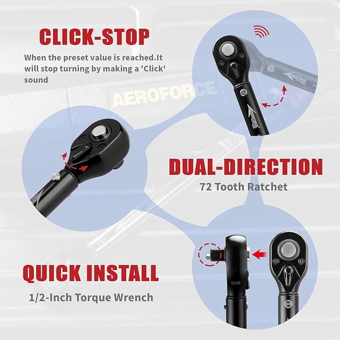 AEROFORCE 1/2-Inch Drive Torque Wrench（15-165 lb.ft / 20.4-224.4 Nm),72 Tooth Dual Direction Reversible Ratchet, Dual Range Scales, Precision Calibrated for Bike, Motorcycle and Car Repair