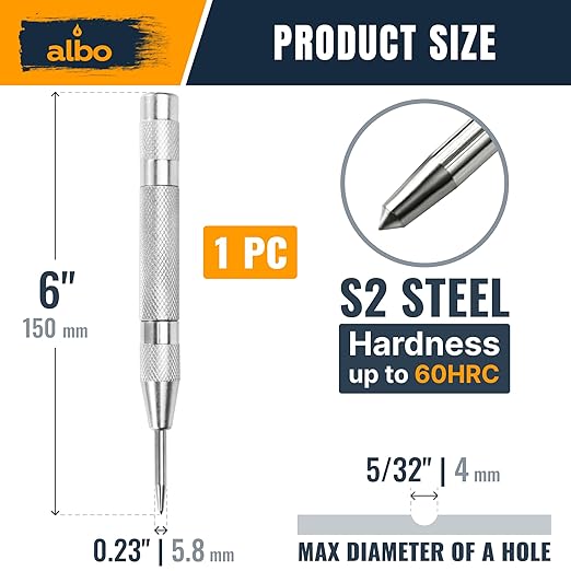 ALBO Spring Loaded Center Punch Tool – 6 Inch Automatic Punch for Metal, Wood, Steel – Heavy Duty Drill Punch – Durable Galvanized Coating, Precision Tip for DIY, Workshop & Professional Use (1pc)