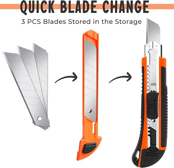 3-Pack Box Cutter Utility Knife | Ultra Sharp Blade with Anti-Slip Rubber Handle | Exacto Cutter for Leather, Rubber & Cartons