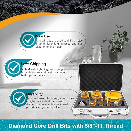 Diamond Tile Hole Saw Kit 12pcs - Diamond Core Drill Bits 6/8/10/19/25/35/50/65/102mm for Tile Porcelain Marble with 20mm Finger Bit and 50mm Chamfer Bit Trimming Holes and SDS Adapter