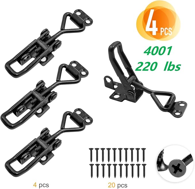 4 Pack Adjustable Black Toggle Clamp Latch (4001) Heavy Duty 220 lbs Toggle Latch & Quick Release Metal Pull Latches, Easy to Install for Lid Box Case Door Smoker room(20pcs 0.6" Screws)