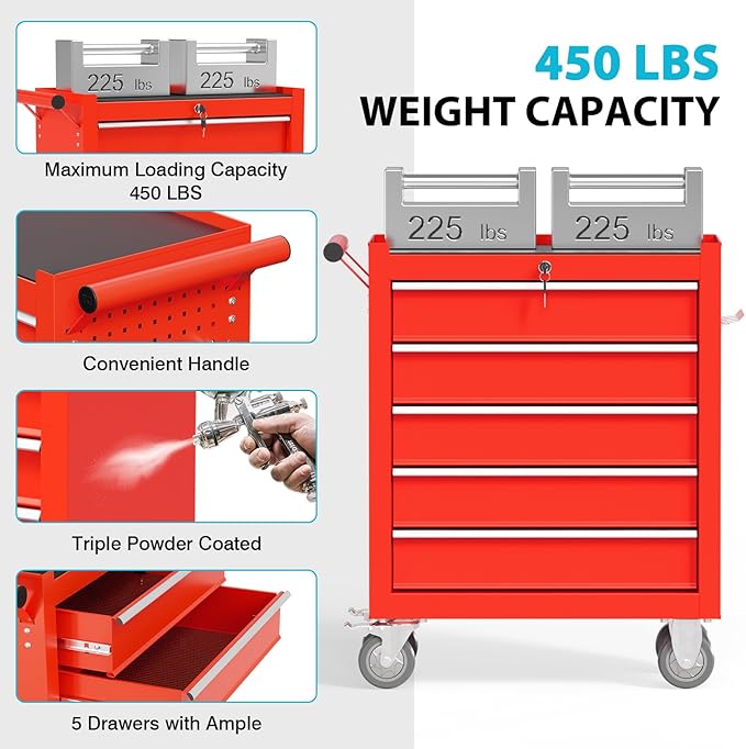 5 Drawers Rolling Tool Chest, Portable Storage Tool Box with Wheels, Tool Chest with Lock for Warehouse, Garage, Repair Shop and Tool Room