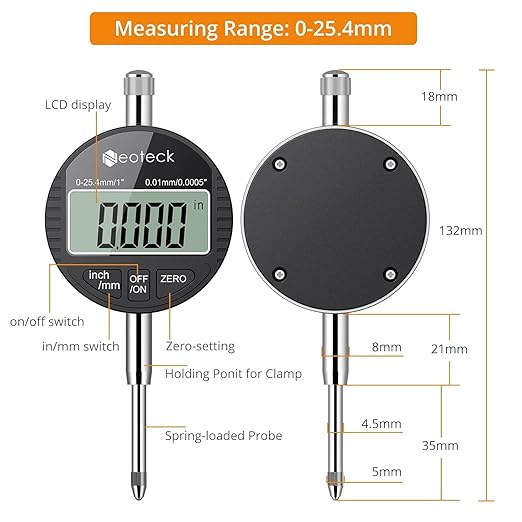 Neoteck Digital Dial Indicator Gauge and Magnetic Base Set with Storage Case 0-1 inch/25.4mm,0.01mm/0.0005" Inch/Metric Conversion Measuring Tool for 3D Printer Lathe Workshop CNC Machine-Black