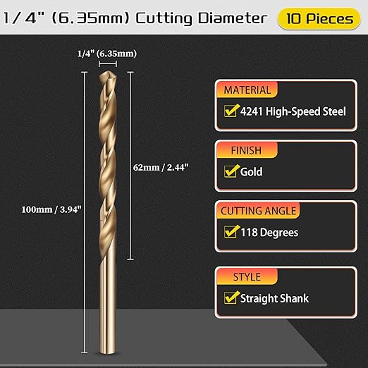Drill Bit, 1/4" Cutting Diameter (6.35mm), 4241 HSS Gold 118° Cutting Angle Versatile Jobber Bits - (Applications: for Drilling Plastic Wood Soft Thin Metal), 10-Pieces