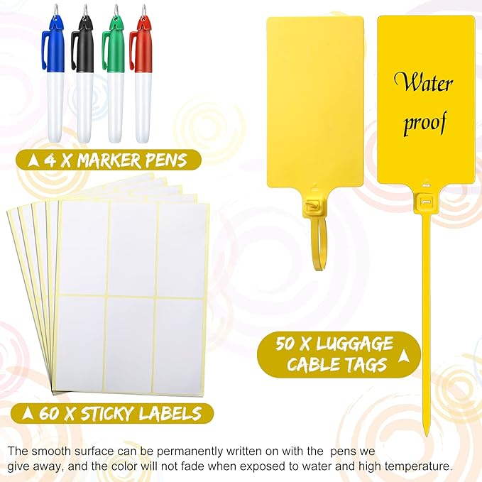 Pajean Waterproof Plastic Tags with Marker Pens and Sticker Labels, Self Locking Bag Writable Tags with Wire Cable Ties for Luggage(Multi Colors,50 Pieces)