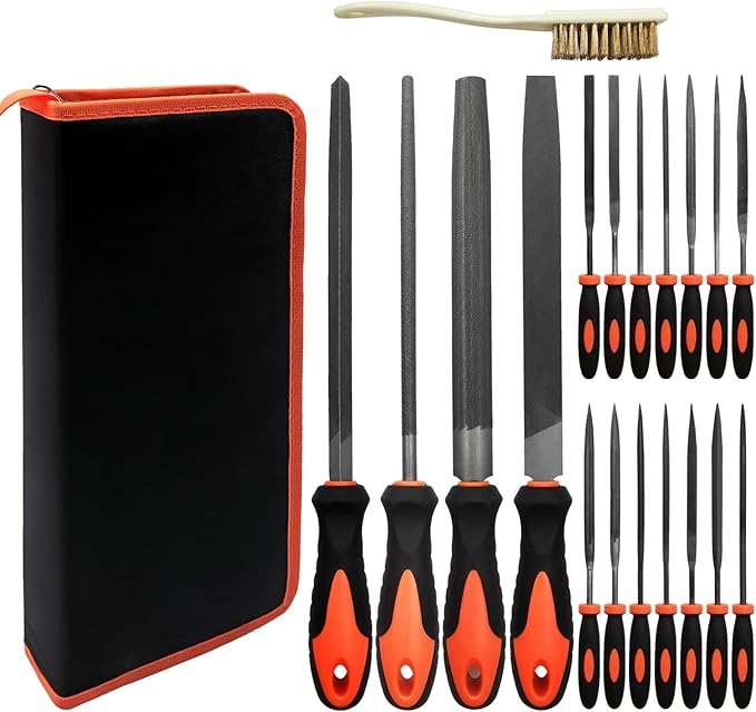 20 PCS Metal File Set with Case, Includes Flat/Half-Round/Round/Triangle Steel File, Half-Round Wood File