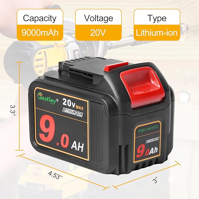 waitley 2 Pack 20V 9.0Ah DCB209 Replacement Battery Compatible with DCB200 20V DCD DCF DCG Series Cordless Power Tools with LED Indicator