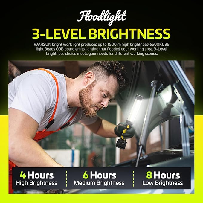 WARSUN Rechargeable 1500LM COB LED Work Light - Magnetic Hands-Free Trouble Light with Hook, IPX4 Waterproof for Garage Repair, Emergency | Tool Gifts for Men (Yellow)