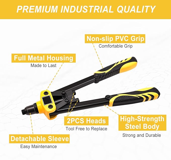 13" Rivet Gun, Rivet Gun Kit with 5 Pcs Rivets, 3 Nosepieces Manual Hand Pop Rivet Gun(1/8", 5/32", 3/16"), Heavy Duty Rivet Tool for Metal, Aluminum, Stainless Steel