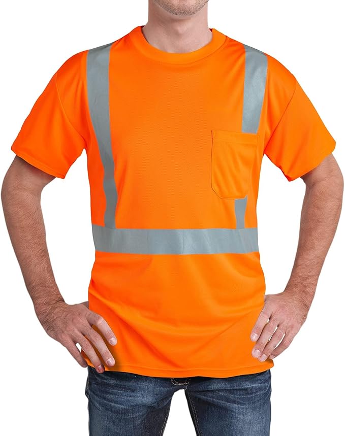High Visibility Shirts Quick Dry Safety T Shirts with Reflective Strips and Pocket Short Sleeve Mesh Hi Vis Construction Work Class 2 Shirt for Men/Women Orange,6XL