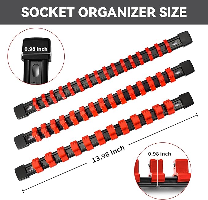 Socket Organizer Drive ABS Tools - Red Socket Holder, Premium Quality 12 Pieces Socket Holders Kit 1/4-Inch x 64 Clips, 3/8-Inch x 60 Clips, 1/2-Inch x 48 Clips（12PC,Red)