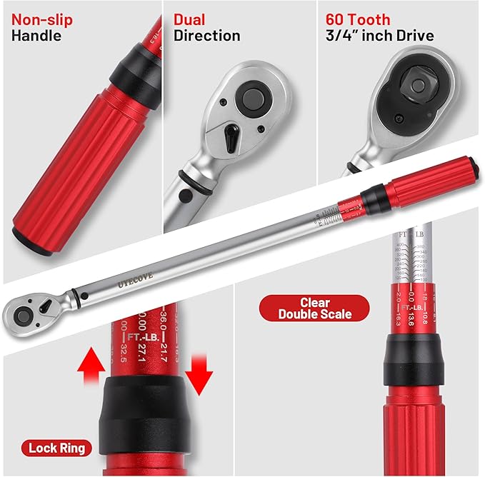 3/4 Inch Torque Wrench, 60 Tooth Torque Wrench 3/4 Drive 100-400FT.LB/136-542N.M with a Solid Storage Case