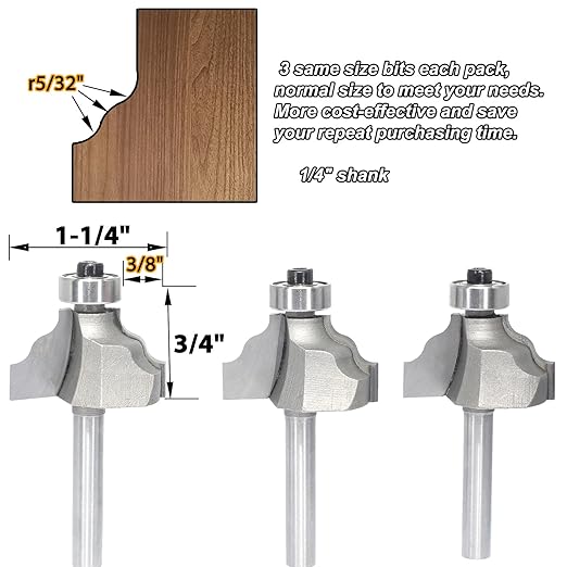 3Pcs Wavy Edge Molding Router Bits,1/4" Shank,3/4" Cutting Height ,3/8" Cutting Depth for Wood Table Edging,Picture Frames Profiling,Furniture Moulds Projects with Bearing Guided(3 Units/Pack)