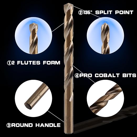 21Pcs M35 Cobalt Drill Bit Set 1/16"-3/8", 135 Degree Tip HSS with Storage Case, Twist Jobber Drill Bit Kit for Cast Iron, Hard Metal, Stainless Steel, Plastic and Wood