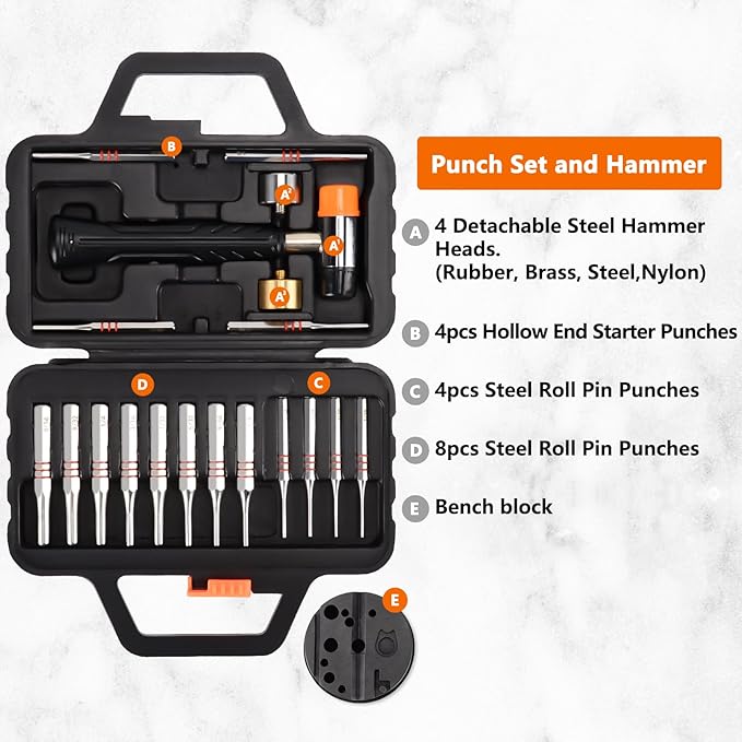 Pridefend Punch Set, Roll Pin Punch Set Made of Solid Metal Material,Elite Tool Including Steel Pin Punch Set, Roll Pin Starter Punch and Hammer,with Organizer Storage Box (with Bench Block)