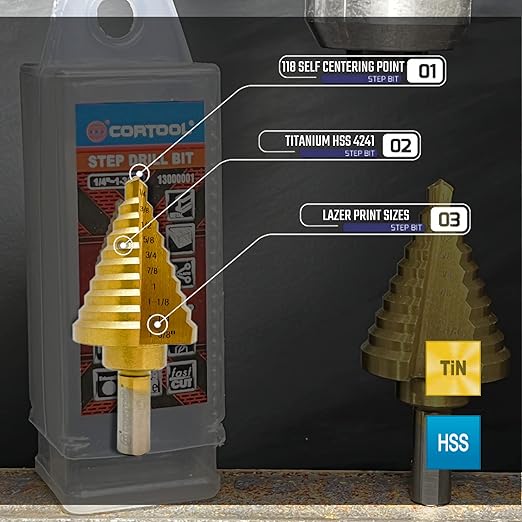 Step Drill Bit for Metal, HSS Step Drill Bit, CORTOOL Titanium High Speed Steel Step Drill Bits, Unibit Step Drill Bits (1/4" to 1-3/8" Step Bit)