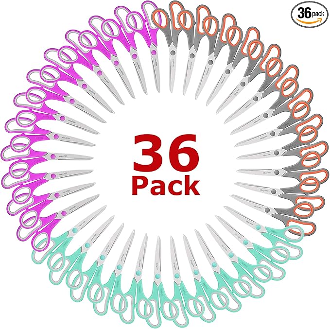 iBayam 8 '' Multipurpose Heavy Duty Scissors Bulk 36-Pack, 2.5mm Thickness Ultra Sharp Blade Shears with Comfort-Grip Handles for Household School Office Supplies, Right/Left Hand Tools