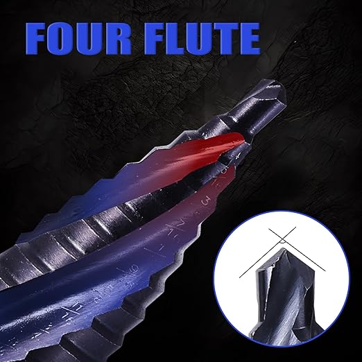 Four Spiral Flute Cobalt Step Drill Bit, 1/4"-3/4" M35 Cobalt Step Drill Bit Wear-Resistant AlTiN Coated, 1/4" Hex Shank for Hole Drilling in Stainless Steel, Copper, Aluminum, Wood, Plastic