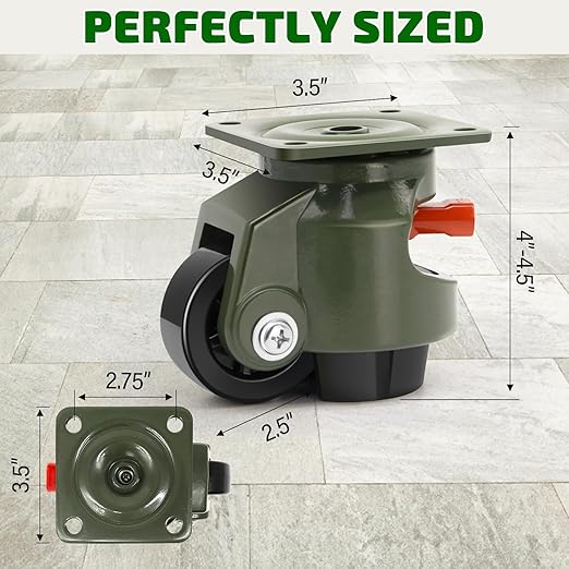 Leveling Casters Set of 4, Workbench Casters with Ratchet Arm, 3300 LBS, Green Heavy Duty Retractable Leveling Machine Casters, Nylon Wheels & Leveling Feet, Suitable for Shelves and Workbenches