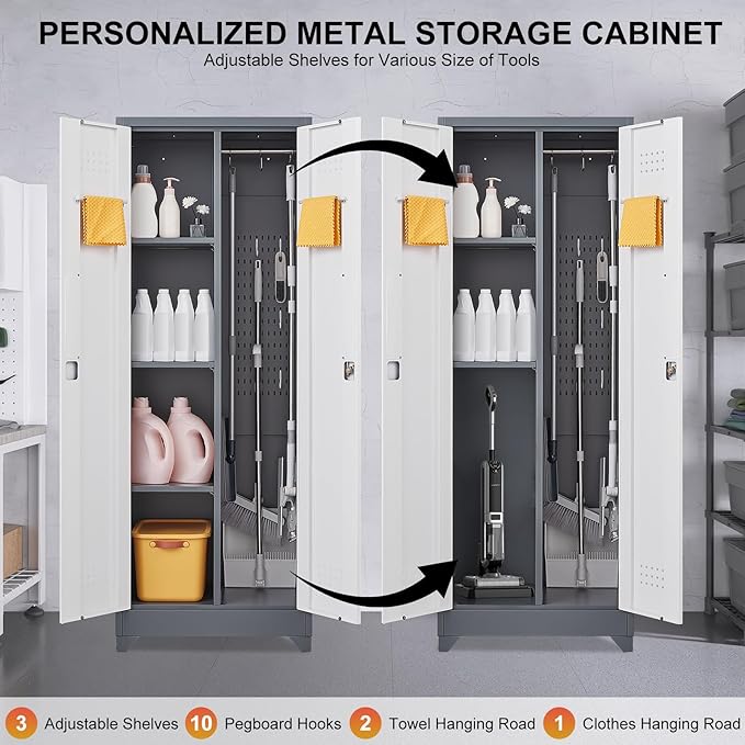 Broom Storage Cabinets, 65" Tall Broom Closet with Hanging Rod, Utility Closet Storage Cabinets with Doors and Shelves, Cleaning Tool Cabinet for Utility Room, Bathroom