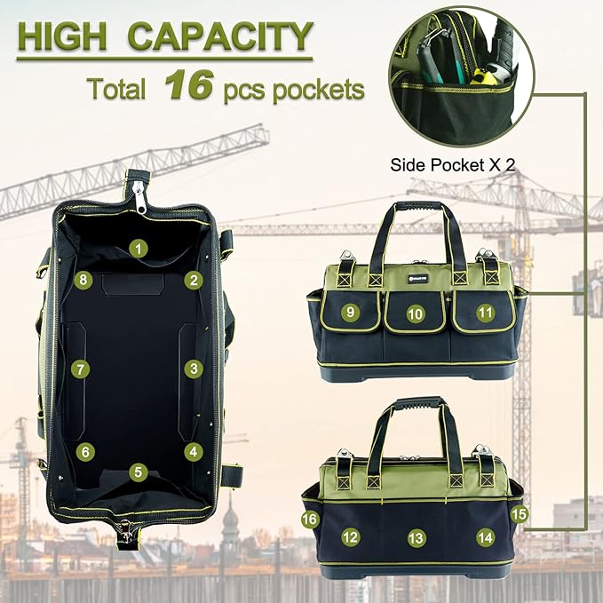 17in Tool Bag For Men Heavy Duty with Waterproof Molded Base, High Capacity Wide Mouth Tote, Construction Worker Electricians Tool Bags, Large Tool Bag Organizer for Men Women Tool Tote
