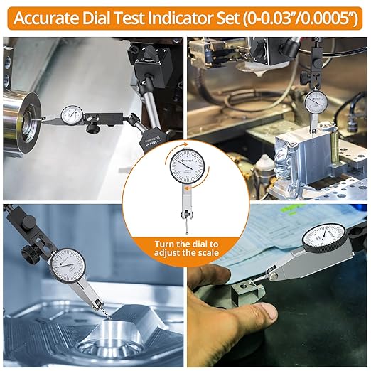 Neoteck 0-0.03"/0.0005" Dial Test Indicator with 132lbs(60kg) Max Pull Magnetic Base Stand Test Indicator Set with 3/8 inch (9.52mm) Clamping Hole for Machine Set-Up and Narrow Area Measurement-Silver