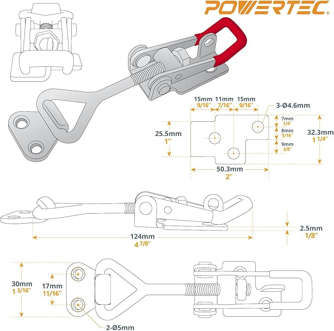 POWERTEC 4PK Toggle Clamp, 400 lbs Holding Capacity, 4002 Adjustable Pull Action Latch for Smoker, Tool Box, Woodworking Jigs and Fixtures, Cabinet, Tool box, Door (20333)