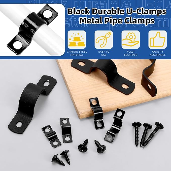 Glarks 75pcs 10mm Pipe Strap Clamp, Black Carbon Steel 2 Hole Strap Heavy Duty Rigid Pipe Strap U Bracket Tube Strap Cable Clamp Hanger Tension Tube Clip with screw for Pipe Tube Cable Fixing