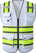 JKSafety 9 Pockets High Visibility Zipper Front Safety Vest | White with Dual Tone High Reflective Strips | Meets ANSI/ISEA Standards (901-White, X-Large)