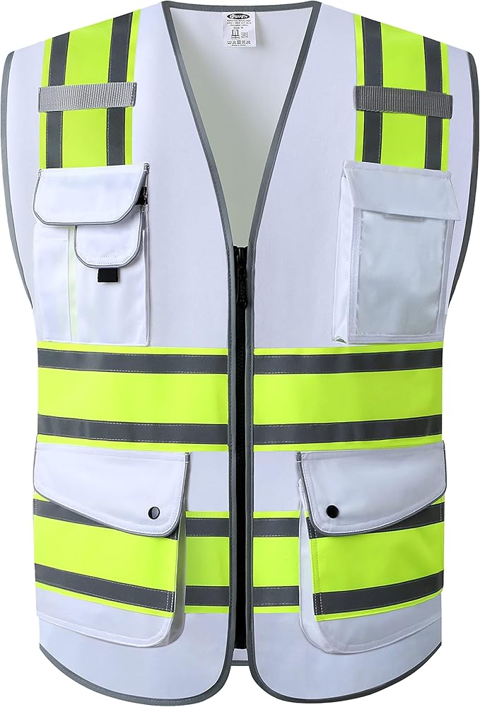 JKSafety 9 Pockets High Visibility Zipper Front Safety Vest | White with Dual Tone High Reflective Strips | Meets ANSI/ISEA Standards (901-White, Large)
