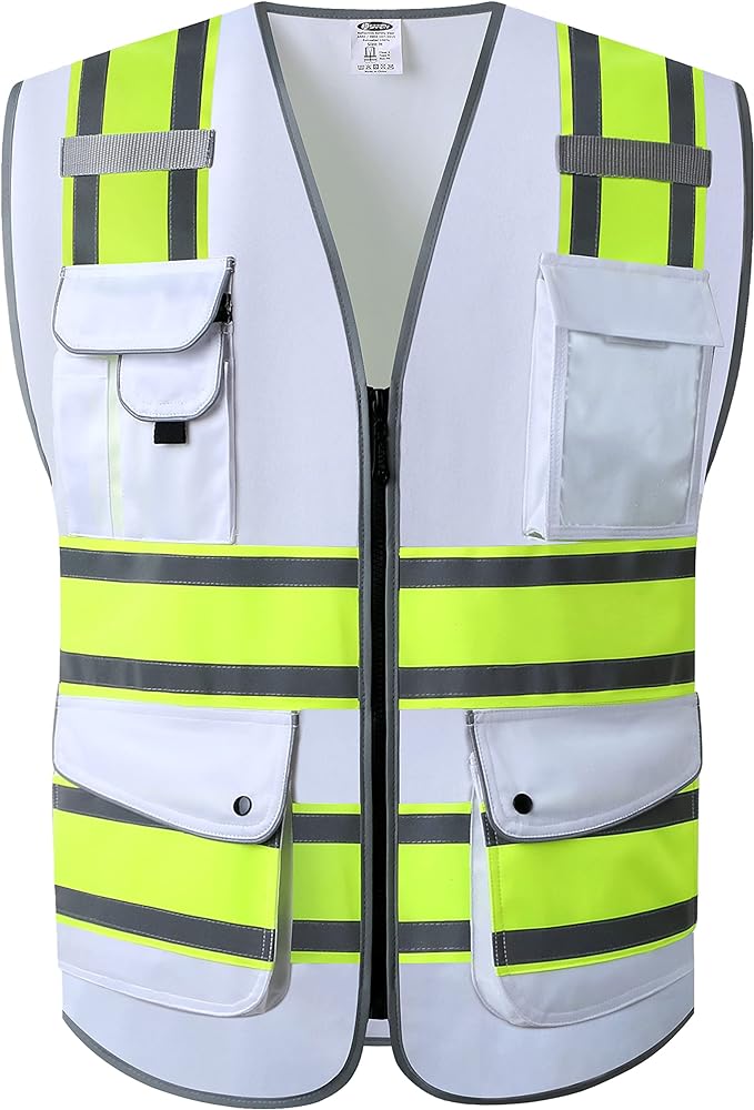 JKSafety 9 Pockets High Visibility Zipper Front Safety Vest | White with Neon Yellow Extended Trims High Reflective Strips | Meets ANSI/ISEA Standards (901-White, 3X-Large)