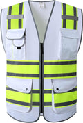 JKSafety 9 Pockets High Visibility Zipper Front Safety Vest | White with Neon Yellow Extended Trims High Reflective Strips | Meets ANSI/ISEA Standards (901-White, 3X-Large)
