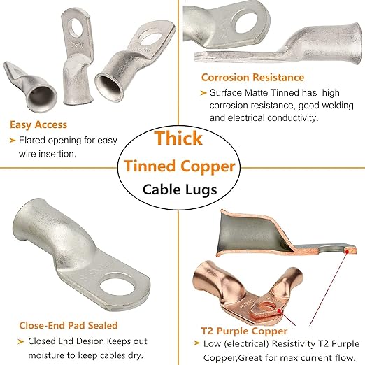 00 Gauge Tinned Copper Lugs 10 PCS 2/0 AWG - 1/4'' Cable Lugs Wire Lugs UL Listed 00 AWG Wire Lugs Battery Cable Ends 10 PCS Heavy Duty Closed End Crimp Copper Lugs with 10 PCS 3:1 Heat Shrink Tubing
