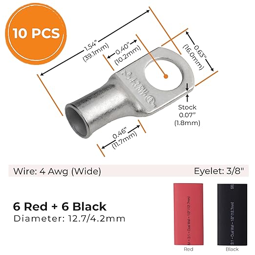 SELTERM 10pcs - 4 Awg 3/8" Stud (Wide) Battery Lugs - Ring Terminal Connectors with 12pcs 3:1 Black & Red Heat Shrink Tubing with Adhesive, Heavy Duty Battery Cable Ends - Tinned Copper Wire Lugs Kit