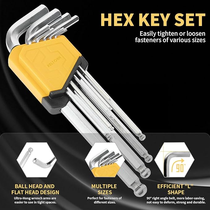 Hex Key Set Allen Wrench Set Ball End Cr-V Steel – 9PCS Metric Allen Wrenches, Chrome Vanadium Steel, 1.5–10mm, 6.7in, Silver Finish, for Furniture Building, Equipment Repairs, DIY Projects