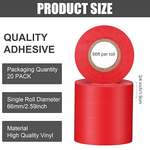 Treela 20 Rolls Electrical Tape 3/4 Inch Waterproof Vinyl Electrical Insulating Tape Flame Retardant Indoor Outdoor High Temperature Resistance Accessory for Wire and Cable(Red,66 ft)