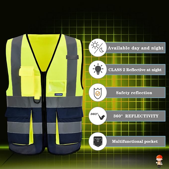 A-SAFETY Protective Reflective Safety Vest Workwear, 7 Pockets Hi Vis Durable Vest with Reflective Tapes, 4 Lower Pockets, Yellow&Navy, XL