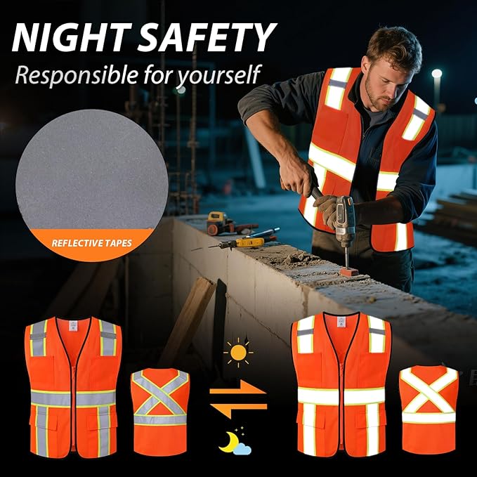 Class 2 Safety Vest with Zipper Front and multiple Pockets, High Visibility Vest, Meets ANSI/ISEA Standards