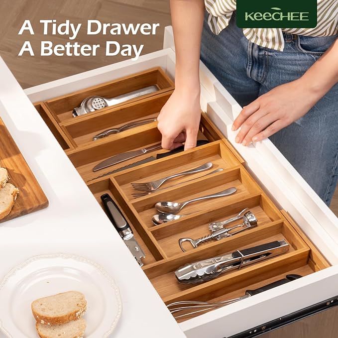 6-Piece Bamboo Drawer Organizer Set, 2.2" Deep | Multi-Use Organizers for Utensils, Silverware, Cutlery, Desk, Bathroom, Junk Drawer & Makeup, Non-Slip Feet Included.