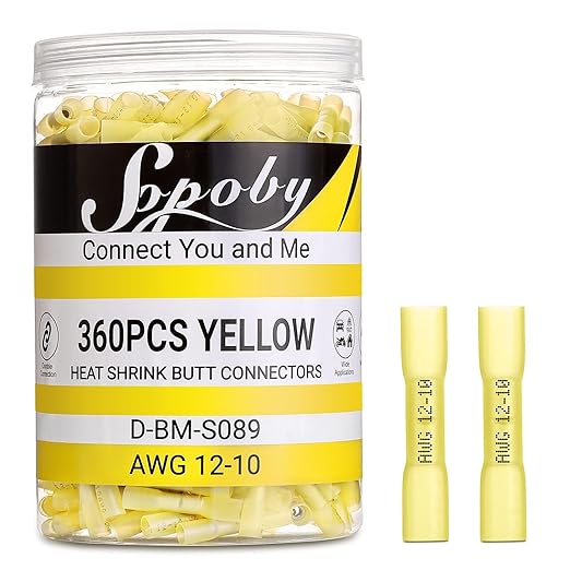 Sopoby 360PCS Heat Shrink Butt Connectors Yellow 12-10 AWG- Tinned Red Copper Marine Grade Butt Connectors - Wire Splice Connectors- Waterproof Electrical Connectors for Marine,Boat,Stereo