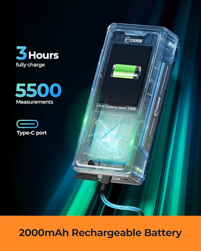 Laser Measuring Tool, CIGMAN 393ft Green-Beam Laser Measure, Outdoor Laser Measurement Tool with 4X Camera, P2P Technology, IP68, Rechargeable Laser Distance Meter, Length, Area, Volume, Angle Sensor