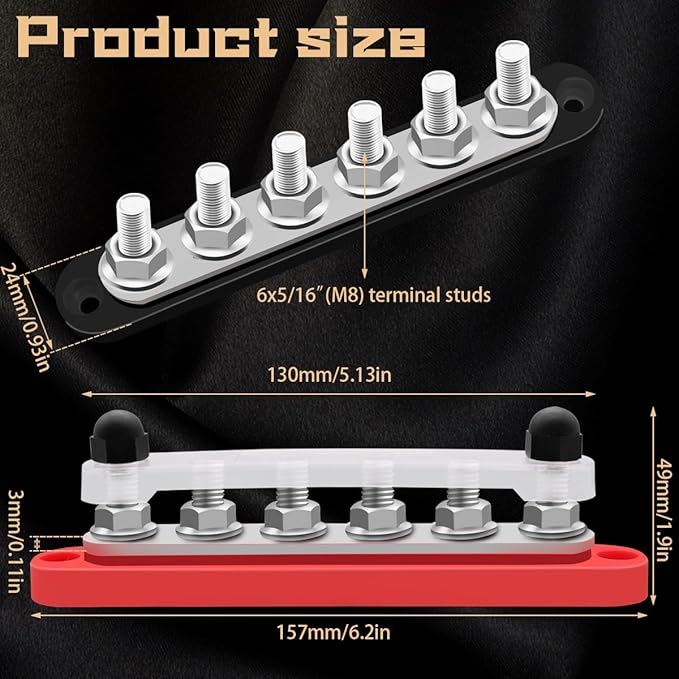 250A 12V-48V Bus Bar Marine Power Distribution Block with Cover with 6 x 5/16”Post,Battery Bus Bar (Pair,Red & Black),Automotive Busbars 12 Volt for Car Boat Solar Wiring