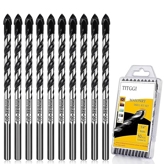 TITGGI 1/4" (10PCS) Masonry Drill Bit Set & Cement Drill Bits, Professional Concrete Drill Bit Set for Glass/Brick/Plastic/Cement/Wood/Tile/Etc, Industrial Strength Carbide Drill Bit Tip