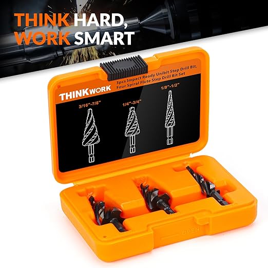 THINKWORK Four Spiral Flute Step Drill Bit Set, 3 Pcs HSS Step Drill Bits (1/8"-7/8") Unibit Step Drill Bit with Tool Box, 1/4" Shank Step Bits for Aluminum, Wood, Plastic, Metal