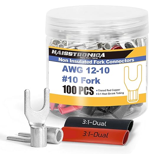 haisstronica Non Insulated Wire Connectors Kit，50pcs #10 Fork Terminals (AWG 12-10) with 50pcs 3:1 Heat Shrink Tubing for Automotive Marine，Brazed Seam Wire Crimp terminals