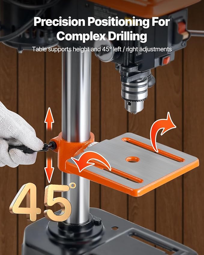 VEVOR 8 in Benchtop Drill Press, 2.3A Induction Motor, Tabletop Drilling Machine with 750/1140 / 1740/2340 / 3200 RPM Adjustable Speed, 0-45° Tilting Worktable, LED Work Light, for Wood Metal